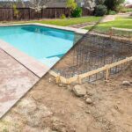 finished pool versus its uncompleted wireframe in a residential back yard